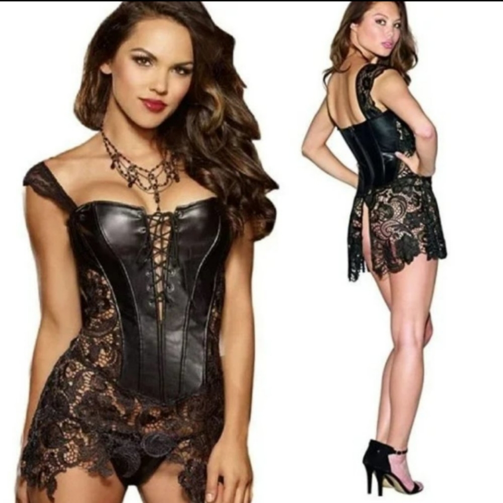 DREAMGIRL Black Faux Leather Corset Lace Top Sexy Size 36